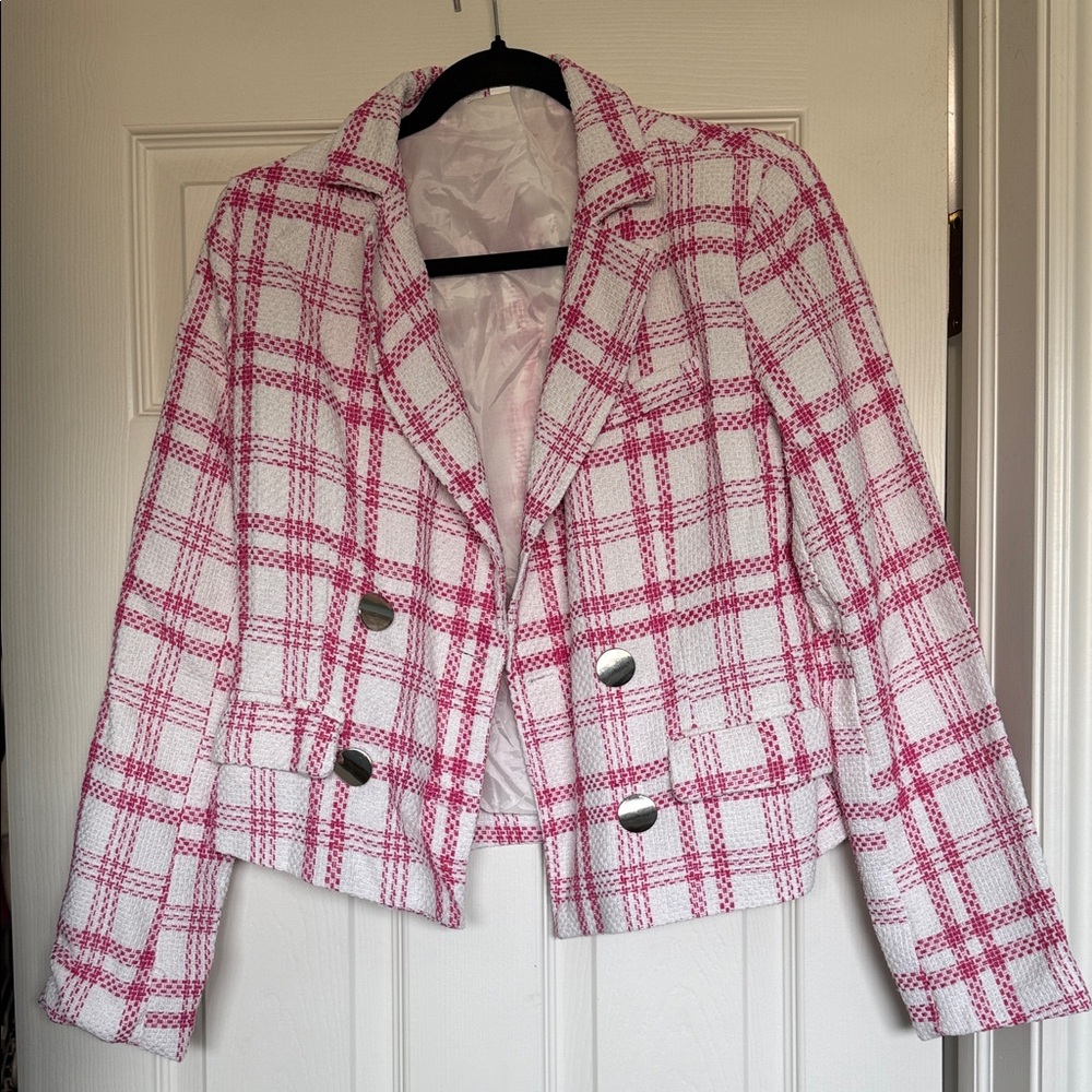 Women’s Pink Plaid Double-Breasted Tweed Jacket